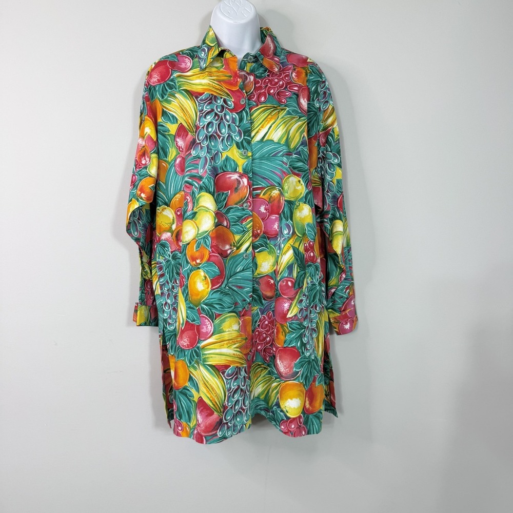 Gottex Cover Up Shirt Womens Medium Colorful Fruit Print Button Up Tropical